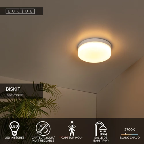 Lucide BISKIT - Plafonnier Salle de bains - Ø 23 cm - LED - 1x12W 2700K - IP44 - Détecteur De Mouvement - Blanc - USP